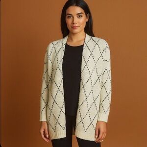 Eileen Fisher Cream and Black Diamond Knit Organic Cotton SP Cardigan Open Front